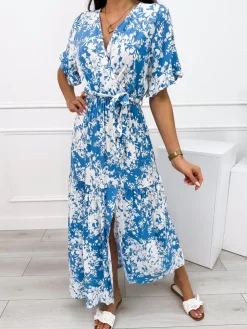 Niebieska Sukienka Maxi w Biały Wzór 12357-325-C|Modna Kiecka Discount