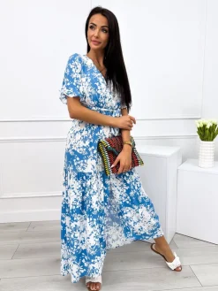 Niebieska Sukienka Maxi w Biały Wzór 12357-325-C|Modna Kiecka Discount