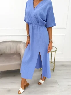 Niebieska Sukienka Maxi z Rozporkiem 14099-509-C|Modna Kiecka Sale