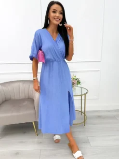 Niebieska Sukienka Maxi z Rozporkiem 14099-509-C|Modna Kiecka Sale
