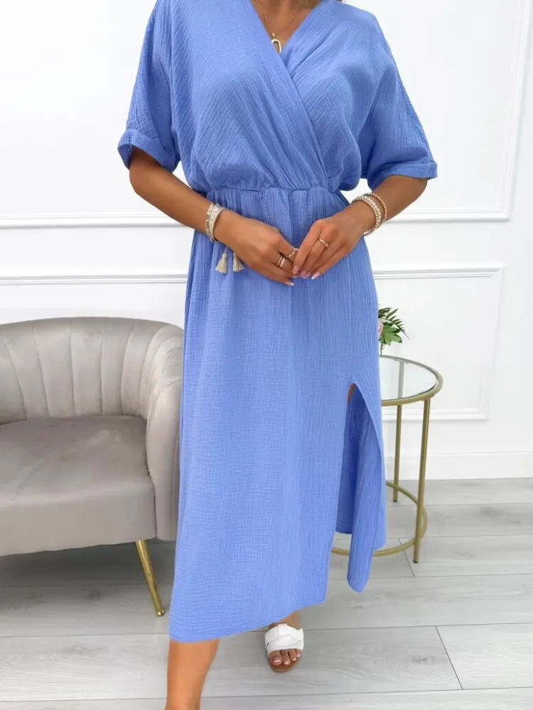 Niebieska Sukienka Maxi z Rozporkiem 14099-509-C|Modna Kiecka Sale