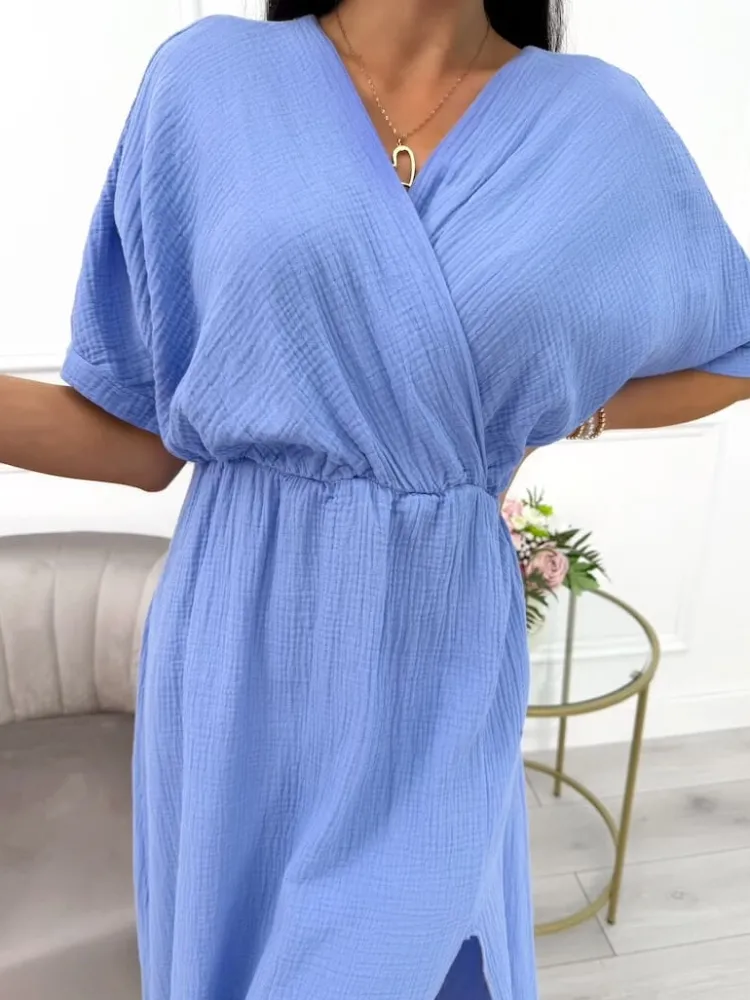 Niebieska Sukienka Maxi z Rozporkiem 14099-509-C|Modna Kiecka Sale