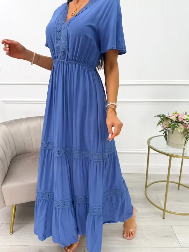 Niebieska Sukienka Maxi z Ozdobnym Haftem 14021-229-F|Modna Kiecka Sale