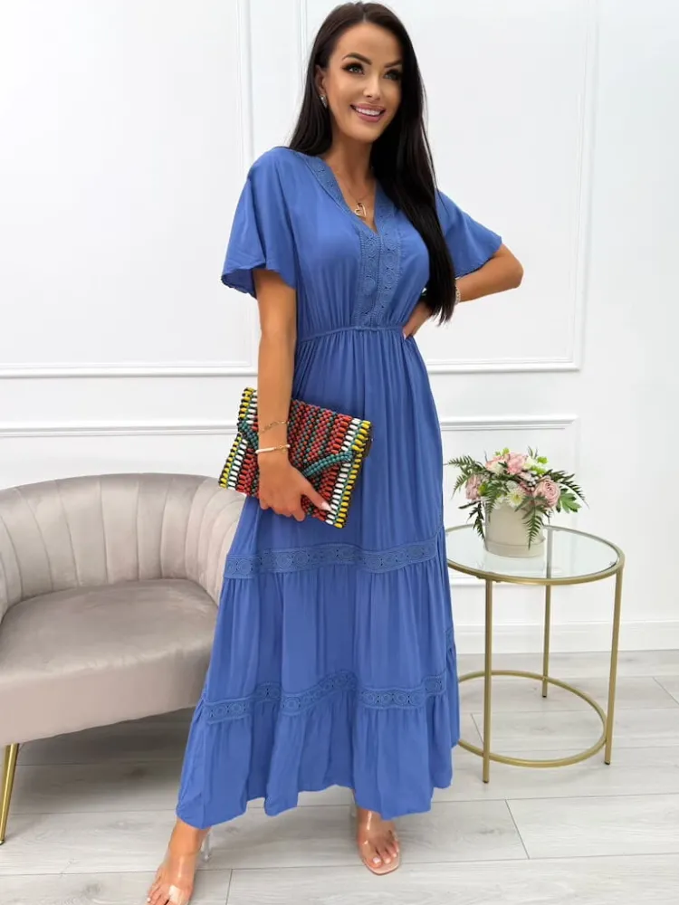 Niebieska Sukienka Maxi z Ozdobnym Haftem 14021-229-F|Modna Kiecka Sale