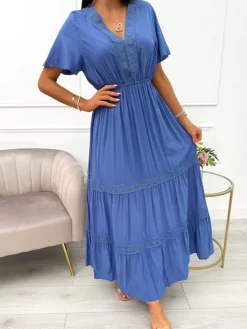 Niebieska Sukienka Maxi z Ozdobnym Haftem 14021-229-F|Modna Kiecka Sale