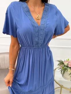 Niebieska Sukienka Maxi z Ozdobnym Haftem 14021-229-F|Modna Kiecka Sale