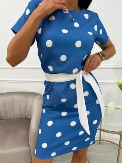 Niebieska Sukienka w Grochy z Paskiem 13822-192-D|Modna Kiecka Fashion