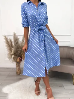Niebieska Sukienka w Grochy z Paskiem 9477-51-D|Modna Kiecka Clearance