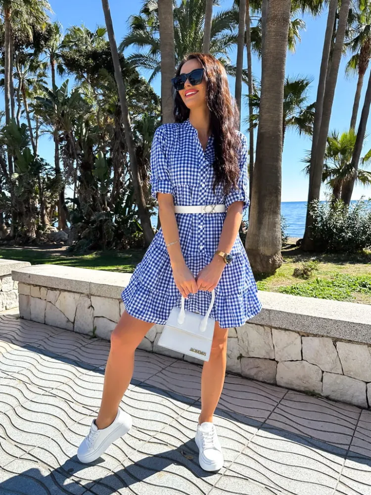 Niebieska Sukienka w Kratkę z Falbanką 11410-190-B|Modna Kiecka Fashion
