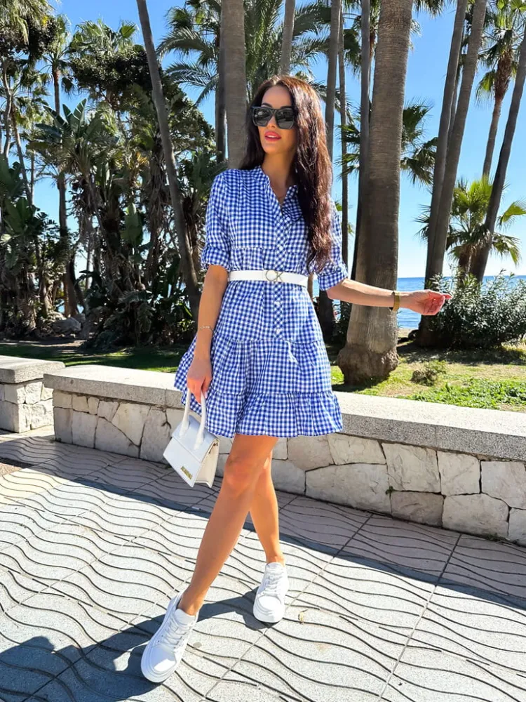Niebieska Sukienka w Kratkę z Falbanką 11410-190-B|Modna Kiecka Fashion