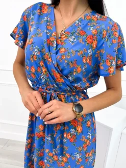 Niebieska Sukienka w Kwiatki 12362-409-D|Modna Kiecka New