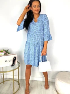 Niebieska Sukienka w Kwiatki Oversize 12195-426-A|Modna Kiecka Fashion