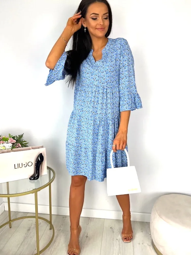 Niebieska Sukienka w Kwiatki Oversize 12195-426-A|Modna Kiecka Fashion