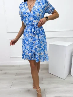Niebieska Sukienka w Kwiatki 12314-259-B|Modna Kiecka Online
