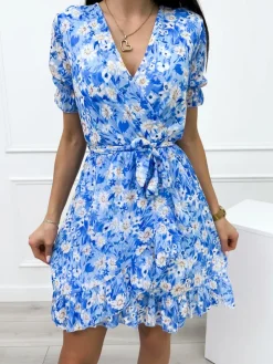 Niebieska Sukienka w Kwiatki 12314-259-B|Modna Kiecka Online