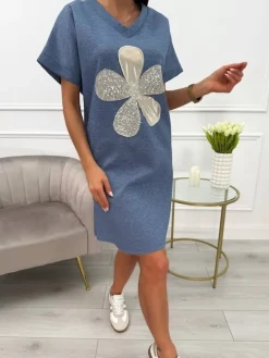 Niebieska Sukienka z Aplikacją i Kieszeniami 13768-201-C|Modna Kiecka Discount