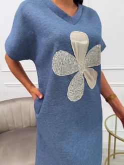 Niebieska Sukienka z Aplikacją i Kieszeniami 13768-201-C|Modna Kiecka Discount