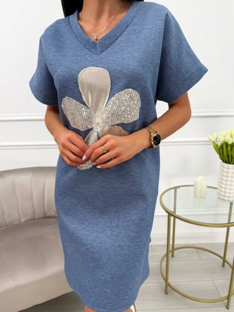 Niebieska Sukienka z Aplikacją i Kieszeniami 13768-201-C|Modna Kiecka Discount