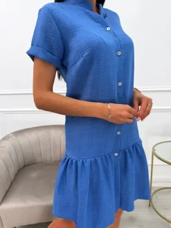 Niebieska Sukienka z Falbanką 13888-317-E|Modna Kiecka Clearance