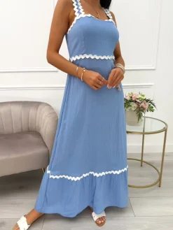 Niebieska Sukienka z Ozdobnymi Ramiączkami 14025-509-F|Modna Kiecka New