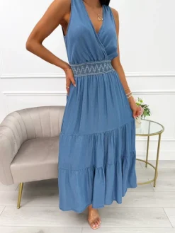 Niebieska Sukienka z Ozdobną Gumką w Pasie 14077-348-B|Modna Kiecka Discount