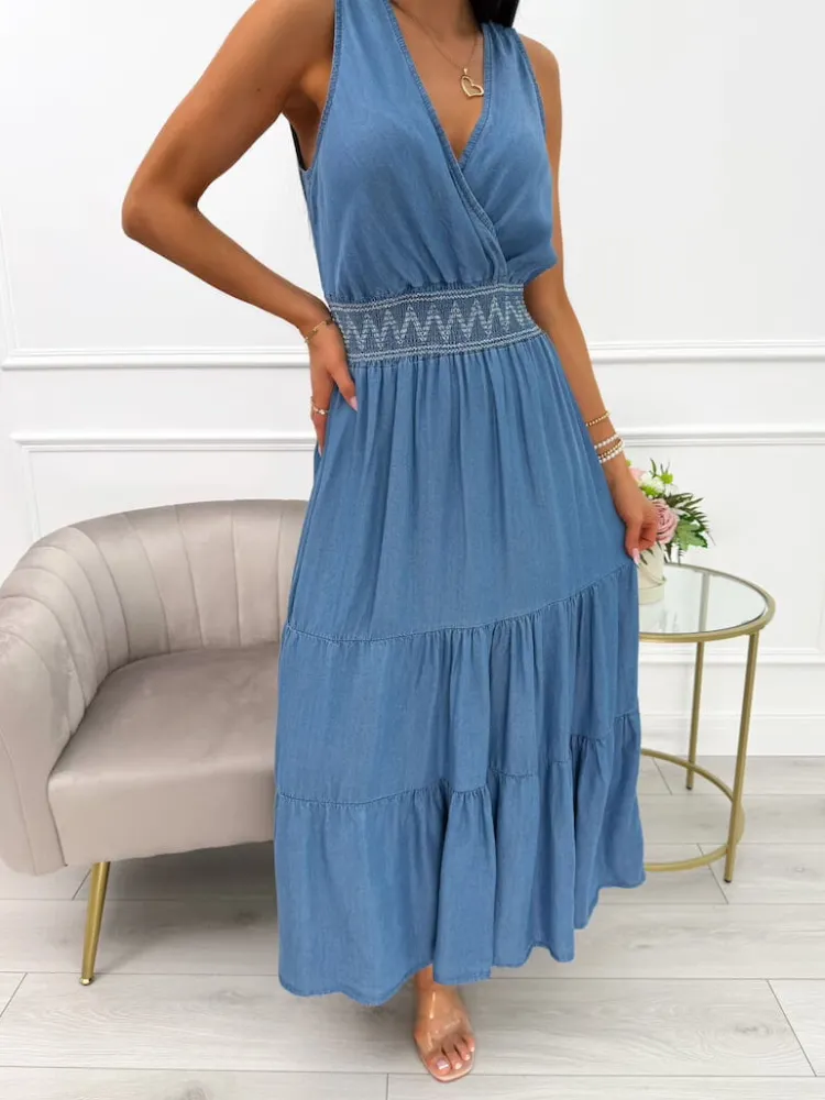 Niebieska Sukienka z Ozdobną Gumką w Pasie 14077-348-B|Modna Kiecka Discount