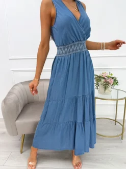 Niebieska Sukienka z Ozdobną Gumką w Pasie 14077-348-B|Modna Kiecka Discount