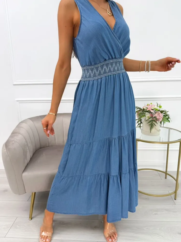 Niebieska Sukienka z Ozdobną Gumką w Pasie 14077-348-B|Modna Kiecka Discount
