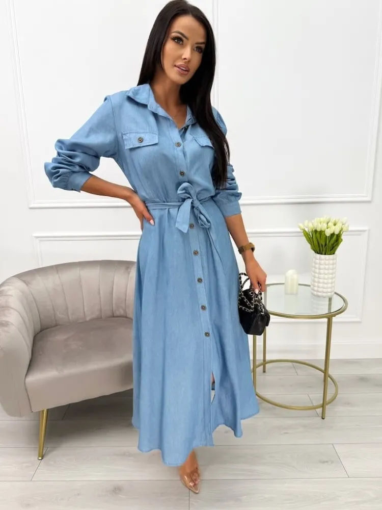 Niebieska Sukienka z Paskiem 13754-145-B|Modna Kiecka Best