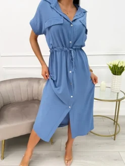 Niebieska Sukienka ze Ściągaczem 13717-86-E|Modna Kiecka New