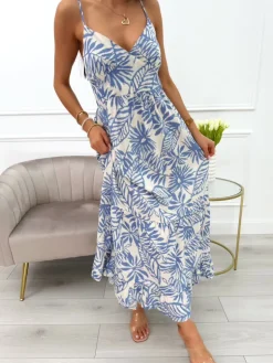 Niebieska Wzorzysta Sukienka na Ramiączkach 14013-75-D|Modna Kiecka Discount