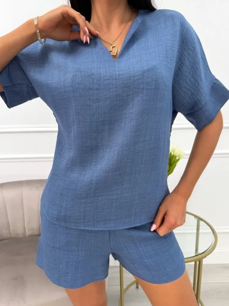 Niebieski Komplet Bluzka + Spodenki 13911-352-B|Modna Kiecka Clearance