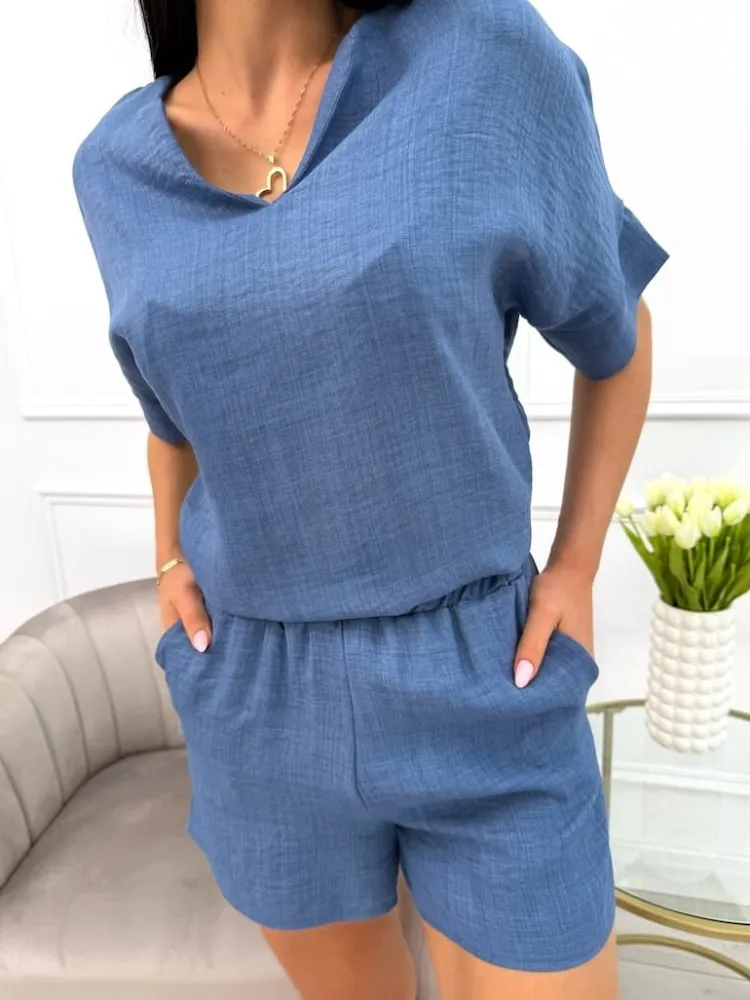Niebieski Komplet Bluzka + Spodenki 13911-352-B|Modna Kiecka Clearance