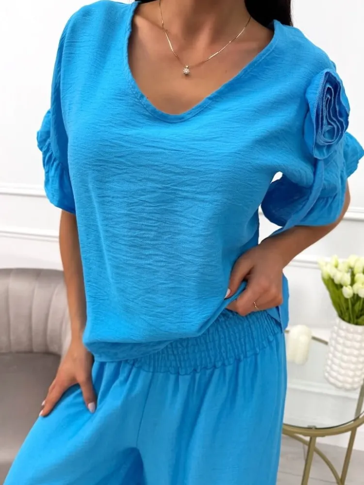 Niebieski Komplet Bluzka z Ozdobą + Spodnie 13787-185-C|Modna Kiecka Sale