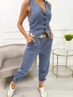 Niebieski Komplet Kamizelka + Spodnie 13739-140-B|Modna Kiecka Outlet