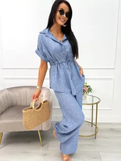 Niebieski Komplet Koszula z Krótkim Rękawem + Szerokie Spodnie 14100-507-B|Modna Kiecka Hot