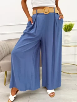 Niebieskie Spodnie z Szeroką Nogawką i Paskiem 13936-407-C|Modna Kiecka Fashion
