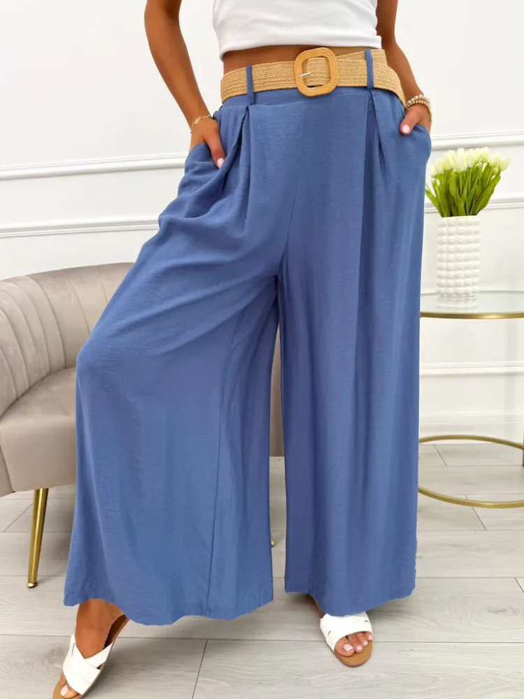 Niebieskie Spodnie z Szeroką Nogawką i Paskiem 13936-407-C|Modna Kiecka Fashion