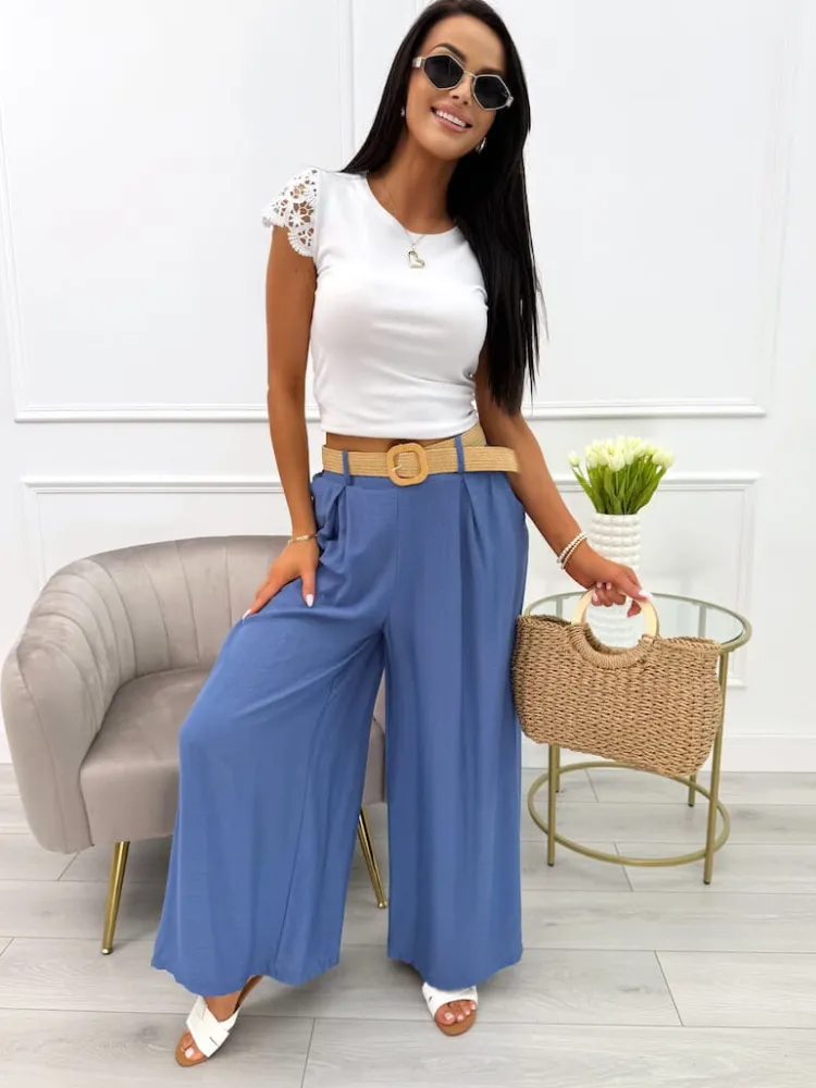 Niebieskie Spodnie z Szeroką Nogawką i Paskiem 13936-407-C|Modna Kiecka Fashion