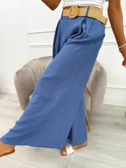 Niebieskie Spodnie z Szeroką Nogawką i Paskiem 13936-407-C|Modna Kiecka Fashion