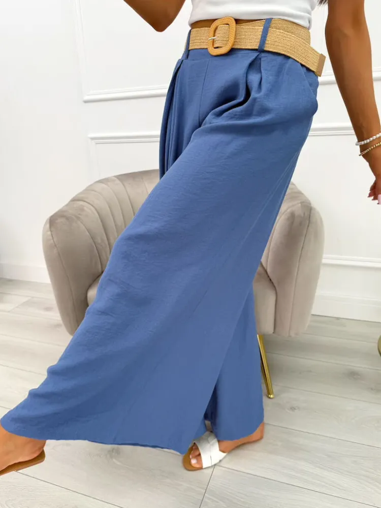 Niebieskie Spodnie z Szeroką Nogawką i Paskiem 13936-407-C|Modna Kiecka Fashion