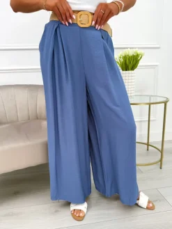 Niebieskie Spodnie z Szeroką Nogawką i Paskiem 13936-407-C|Modna Kiecka Fashion