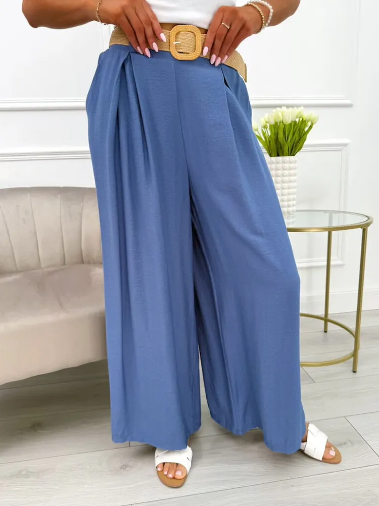 Niebieskie Spodnie z Szeroką Nogawką i Paskiem 13936-407-C|Modna Kiecka Fashion
