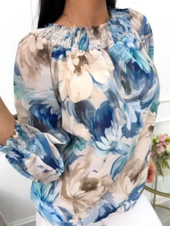 Niebiesko-Beżowa Bluzka Hiszpanka w Kwiaty 13583-412-A|Modna Kiecka Outlet