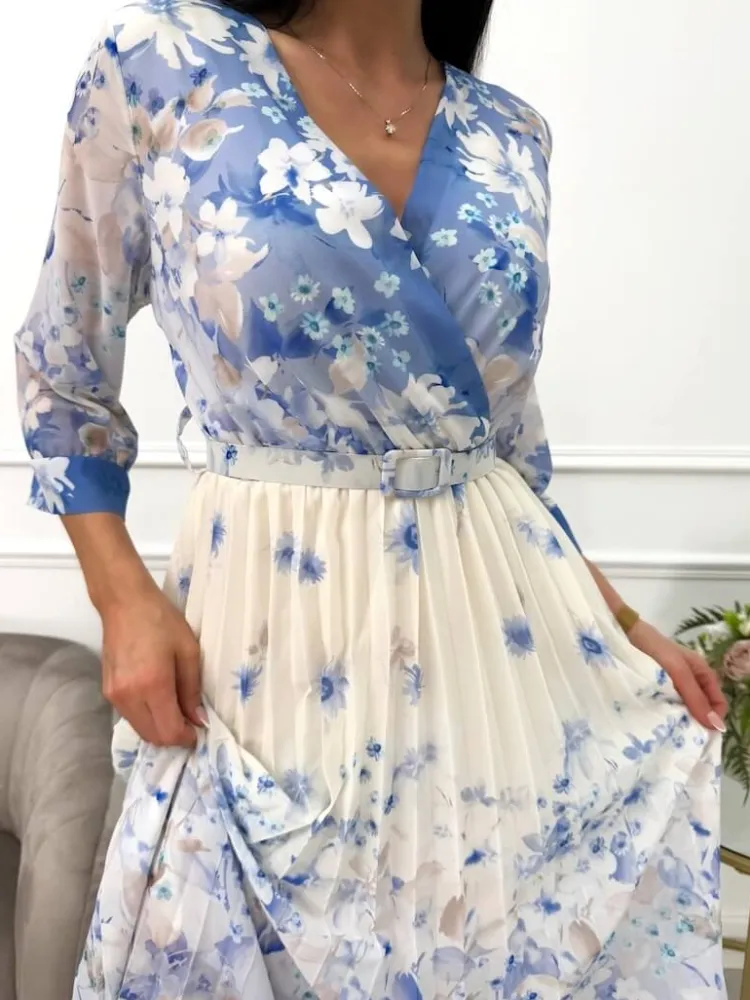 Niebiesko-Beżowa Plisowana Sukienka w Kwiaty 13604-211-B|Modna Kiecka Hot