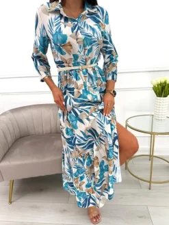 Niebiesko-Beżowa Sukienka Maxi w Roślinny Wzór 13900-418-B|Modna Kiecka Discount
