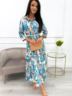 Niebiesko-Beżowa Sukienka Maxi w Roślinny Wzór  13900-418-B|Modna Kiecka Discount