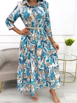 Niebiesko-Beżowa Sukienka Maxi w Roślinny Wzór  13900-418-B|Modna Kiecka Discount