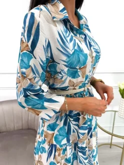 Niebiesko-Beżowa Sukienka Maxi w Roślinny Wzór  13900-418-B|Modna Kiecka Discount