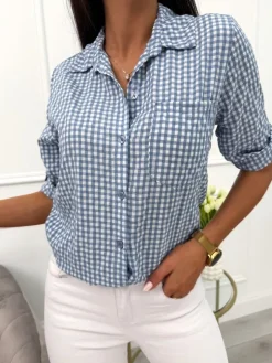Niebiesko-Biała Koszula w Kratę 13817-151-A|Modna Kiecka Outlet